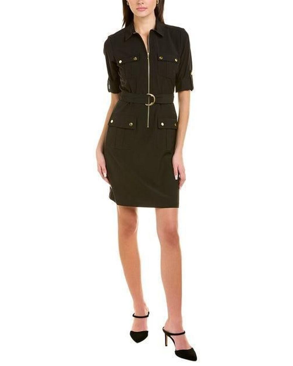 Sharagano Women's Belted Zip Shirt Dress - Navy Blue size-12